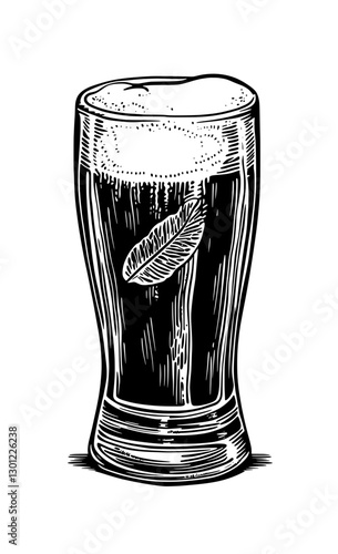 Vector engraved illustration showing a glass of dark beer with foam and a leaf floating on top in a detailed design style