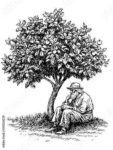 Engraved vector illustration of a man resting under a tree while enjoying an apple in a serene natural setting