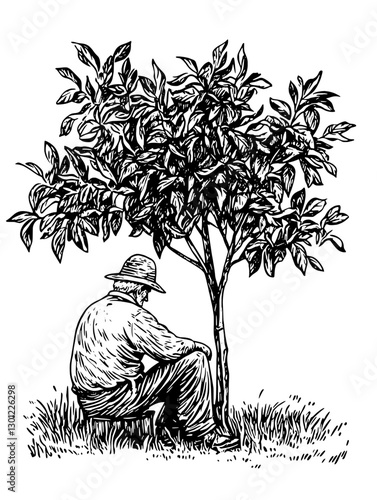 Engraved illustration of a man resting under a tree in a peaceful outdoor setting