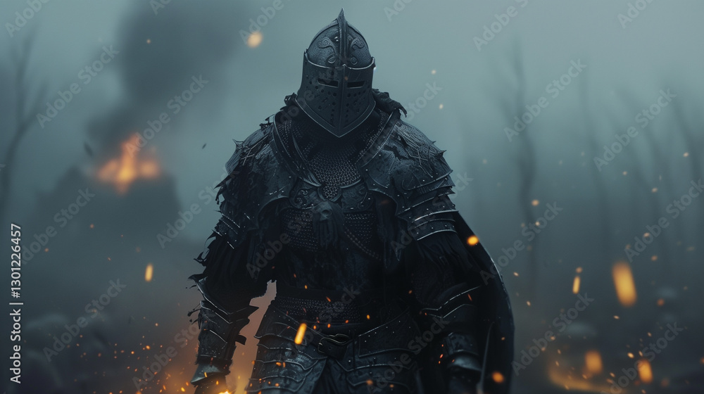 Fototapeta premium A dark fantasy warrior in intricate armor adorned with glowing runes, standing on a misty battlefield. The scene is filled with an atmosphere of mystique and danger. An epic cinematic shot captures th