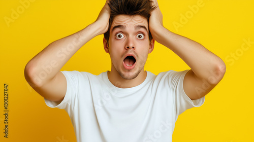 Shocked and Surprised Man Holding His Head Against Yellow Background – AI Generated