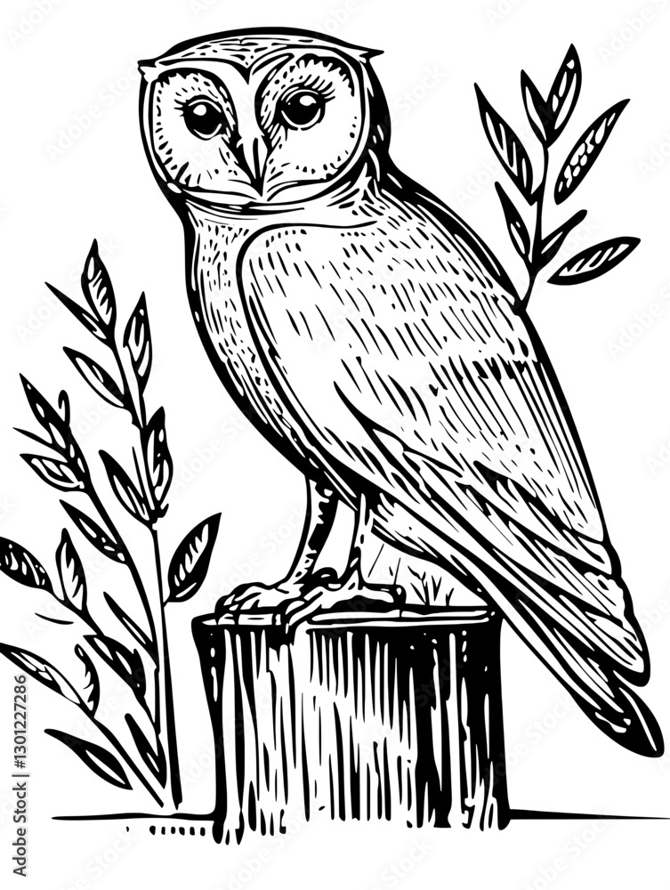 Naklejka premium Vector engraved illustration of an owl perched on a stump surrounded by foliage showcasing intricate details for product design