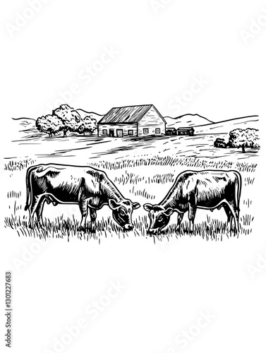 Engraved vector illustration of grazing cows near a rural farmhouse in a calm countryside setting