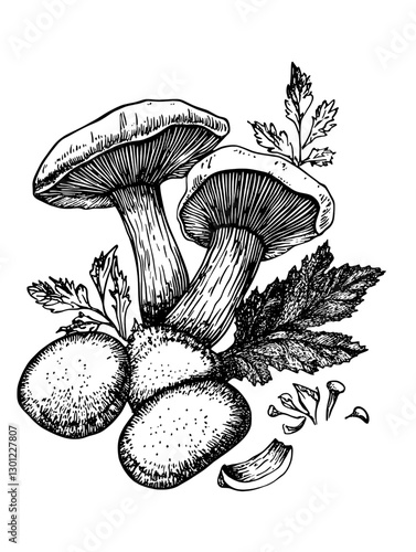Engraved vector illustration of mushrooms and herbs for food design and culinary inspiration