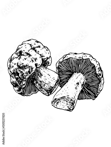 Engraved vector illustration of detailed mushrooms suitable for product design and packaging