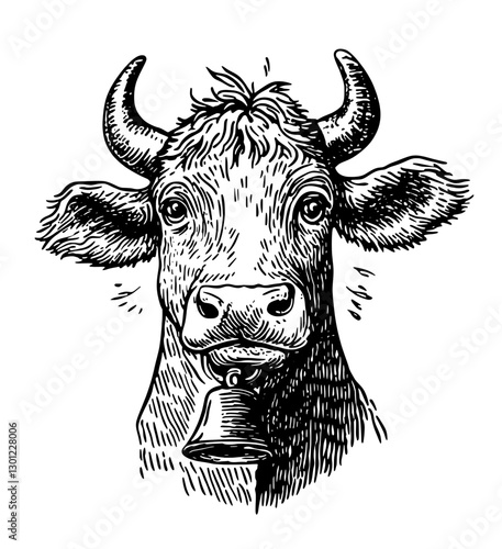 Engraved vector illustration of a cow with a bell for product design and branding