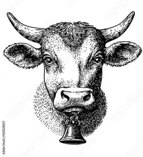 Vector engraved illustration of a cow head featuring a bell for rustic product design in farm-themed decor