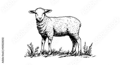 Vector engraved illustration of a standing sheep in a grassy field, ideal for product design and artistic applications