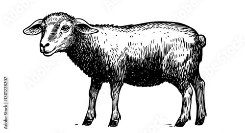 Vector engraved illustration of a sheep standing on a grassy field in a rustic design setting