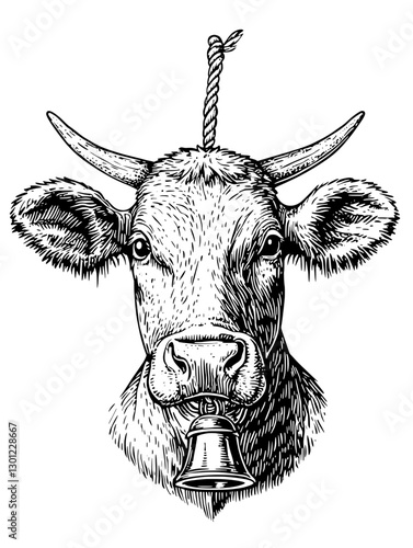 Vector engraved illustration of a cow's head wearing a bell, ideal for rustic product design