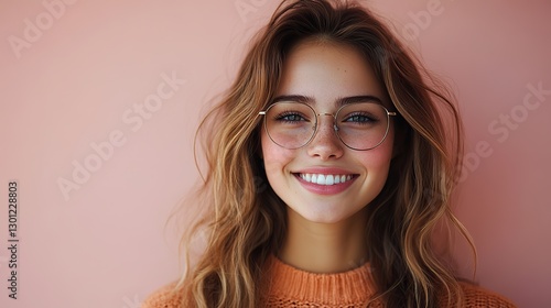 A young woman with stylish eyeglasses and wavy hair smiles brightly, exuding confidence.