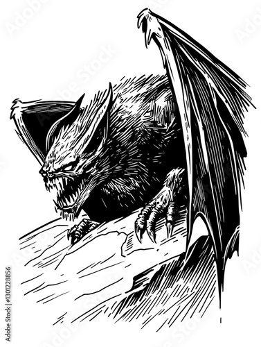 Intricate vector engraving of a mythical creature, featuring distinct wings and fierce expression for unique product design