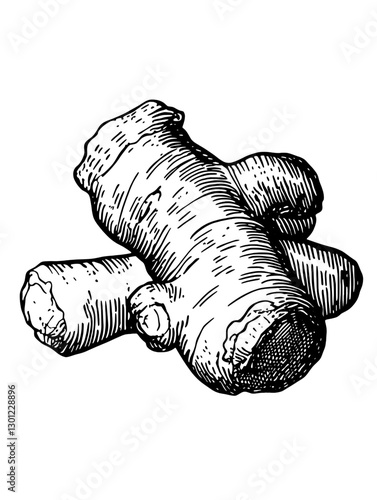 Vector engraved illustration of ginger root for product design showcasing intricate details of the plant anatomy