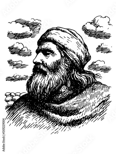 Engraved illustration of a historical figure with flowing beard wearing a headscarf in a rural landscape with clouds