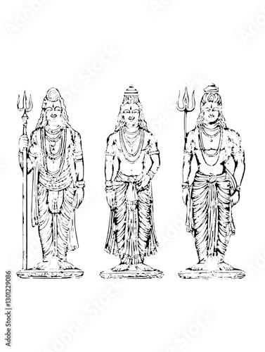 Engraved vector illustration of three deities with unique postures and attributes