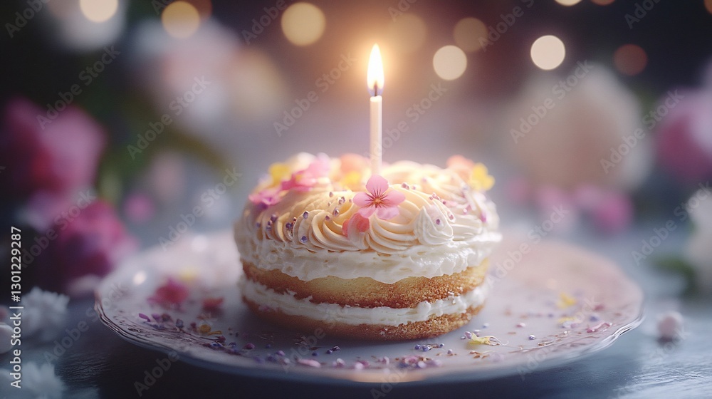Festive single candle cake, floral decor, bokeh background, celebration Festive single candle cake, floral decor, bokeh background, celebration