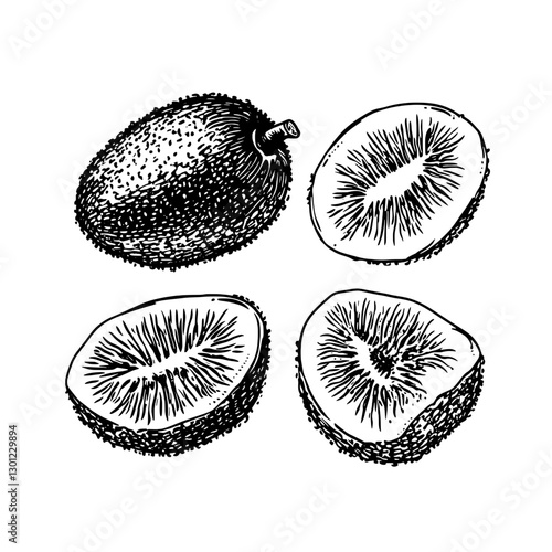 Vector engraved illustration of a kiwi fruit showcasing whole and sliced pieces for product design use