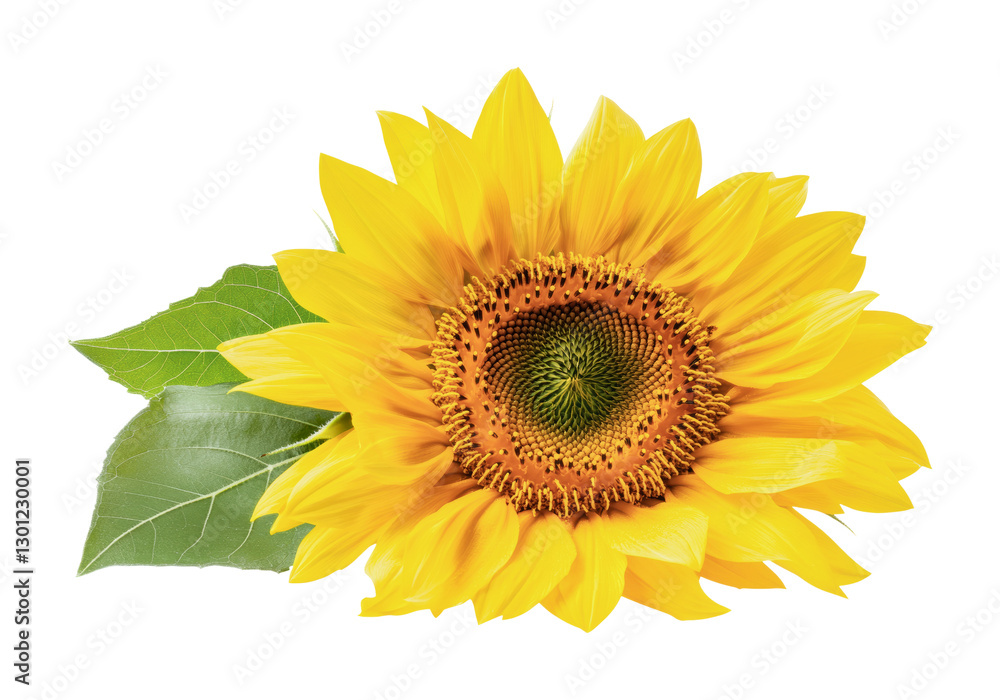 Obraz premium Bright sunflower with green leaves showcasing the beauty of nature and summer blooms in full bloom, cut out