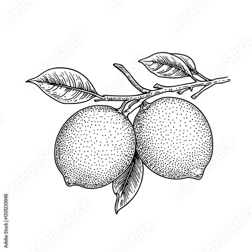 Engraved illustration of two lemons on a branch with leaves for product design inspiration