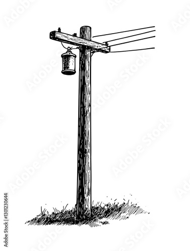 Vector engraved illustration of a wooden telephone pole with a bell and wires for product design