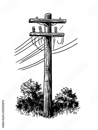 Vector engraved illustration of a utility pole surrounded by greenery for product design uses