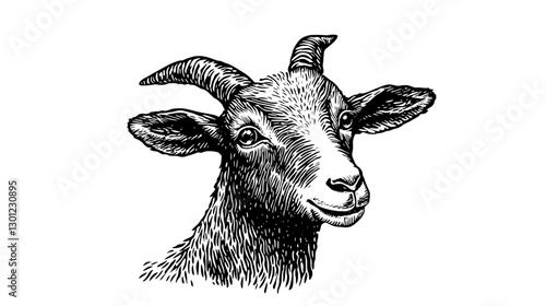 Vector engraved illustration of a smiling goat head ideal for product design and artwork