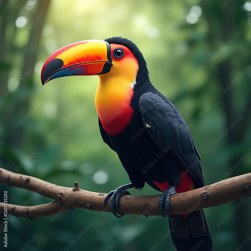 Fototapeta premium A beautifully rendered digital image showcases a toucan perched on a slender branch