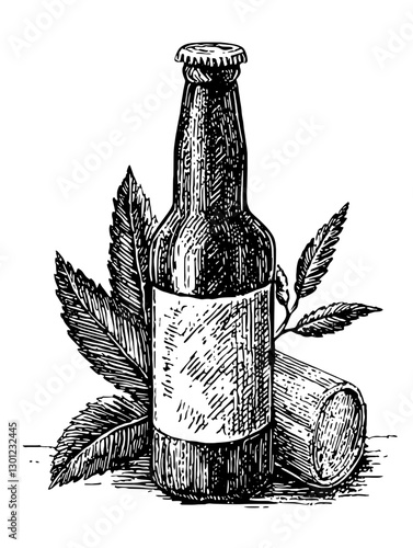 Detailed vector engraving of a vintage bottle resting beside a cut branch with leaves, ideal for product design inspiration
