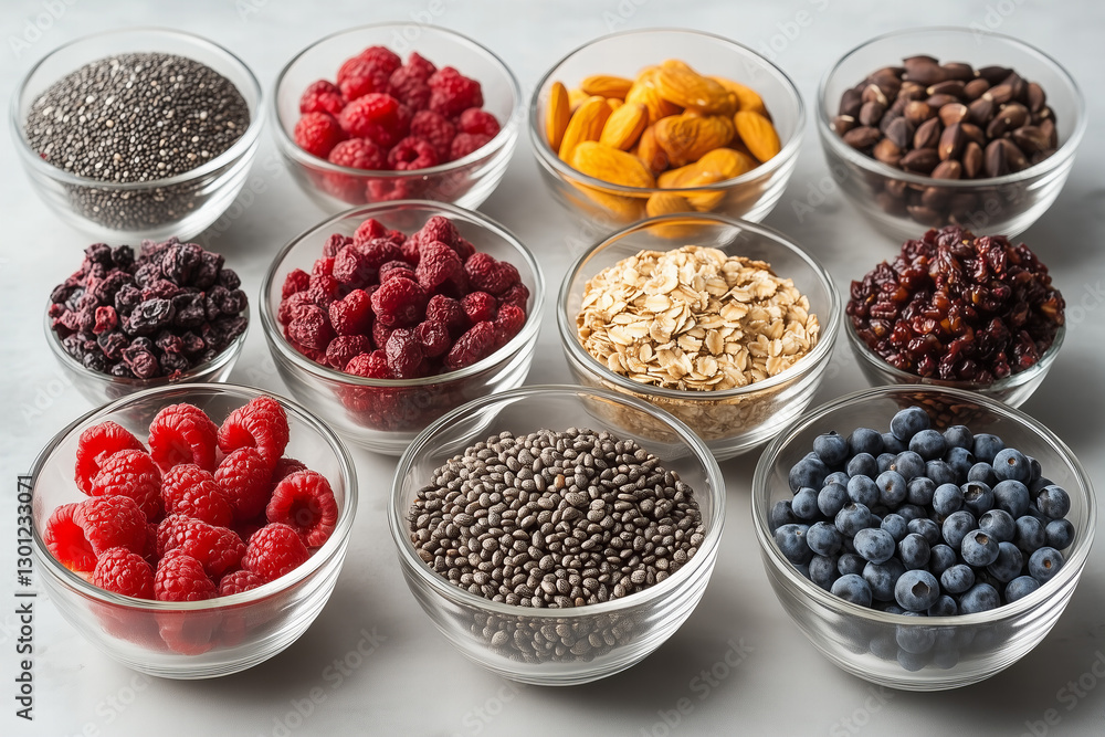 Assorted Superfoods in Clear Glass Bowls Displayed on Grey Surface Featuring Chia Seeds Raspberries Almonds Oats Blueberries Dried Fruits and Nuts High Angle Studio Shot with Assorted Superfoods in Clear Glass Bowls Displayed on Grey Surface Featuring Chia Seeds Raspberries Almonds Oats Blueberries Dried Fruits and Nuts High Angle Studio Shot with
