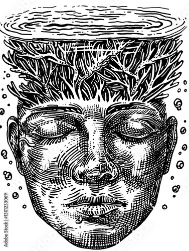 Vector engraved illustration depicting a serene human head with a tree-like structure above, suggesting reflection and introspection in nature