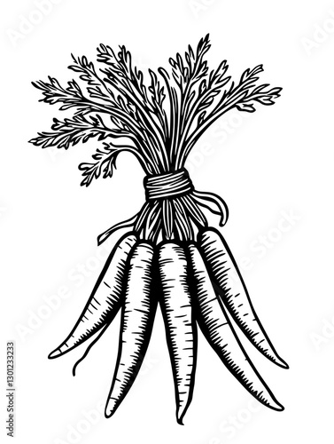 Vector engraved illustration of a fresh carrot bundle with green tops for product design
