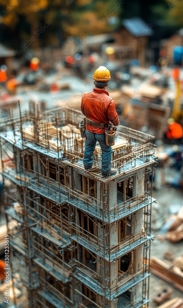 Miniature construction worker observes building site from top of structure Miniature construction worker observes building site from top of structure