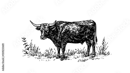 Detailed vector engraving of a black cow standing in a grassy field