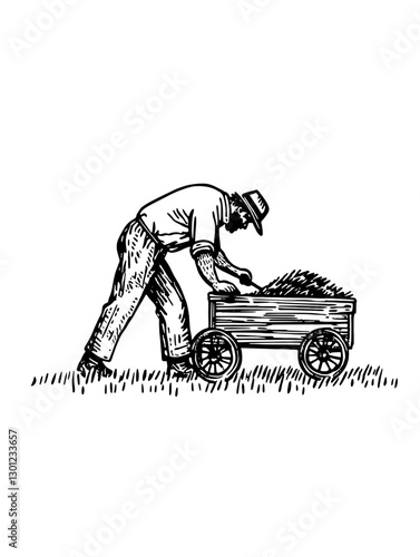 Manual labor in agricultural field with cart filled with hay during summer days