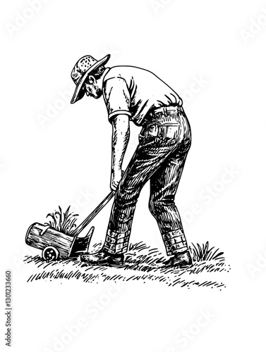 Engraved illustration of a farmer using a manually operated plow in a field during daytime for agricultural work