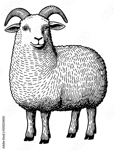Engraved vector illustration of a standing sheep with distinct wool texture and prominent horns