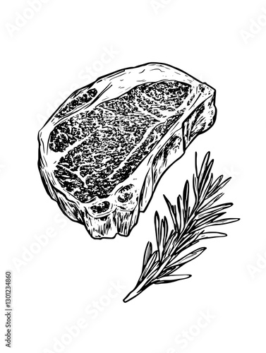 Engraved illustration of a ribeye steak with rosemary for culinary product design