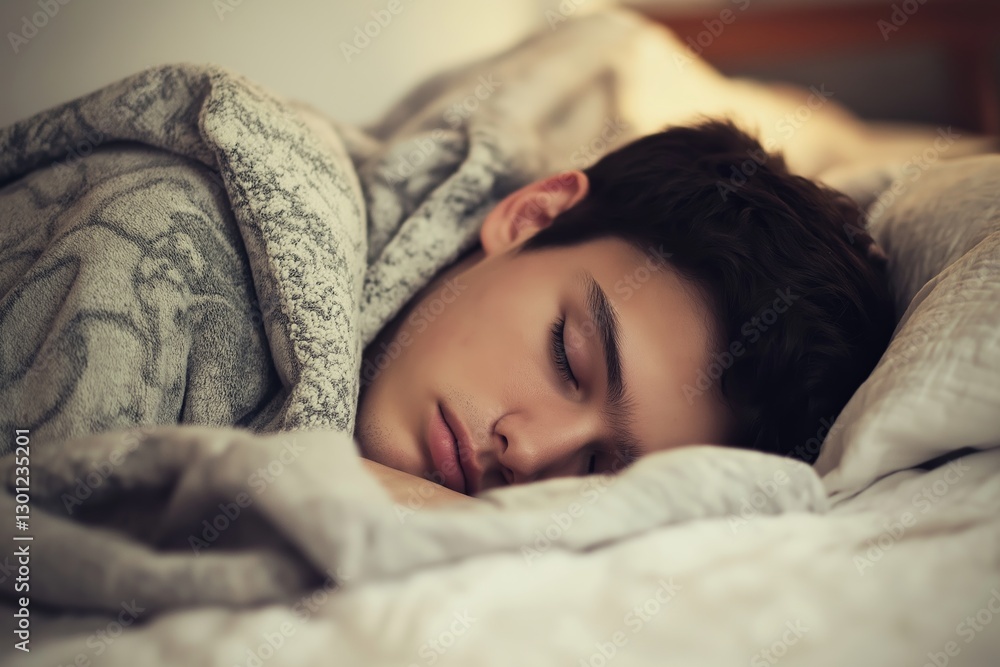 A teenage boy is cozily wrapped in a blanket, embracing a deep and restful sleep in his bedroom. A teenage boy is cozily wrapped in a blanket, embracing a deep and restful sleep in his bedroom.