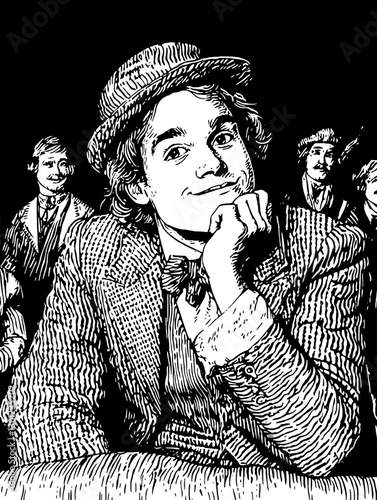 Vector engraved illustration of a thoughtful young man in vintage attire with a group of peers in a social setting
