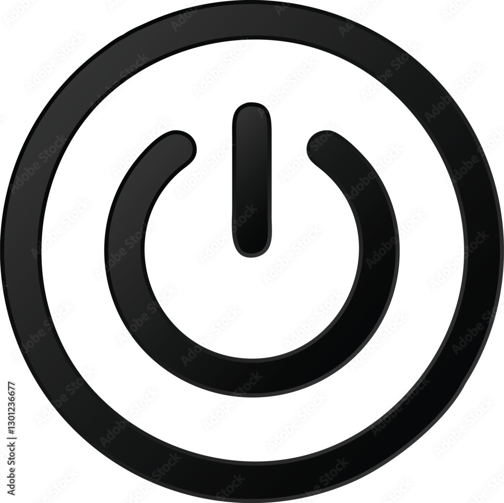 A clean, minimalist black power button icon, perfectly circular and outlined on a pure white background. A clean, minimalist black power button icon, perfectly circular and outlined on a pure white background.