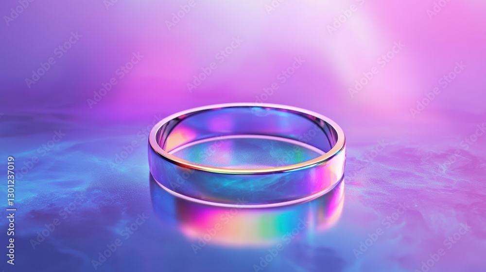 A shimmering ring on a colorful, reflective surface with a dreamy background.