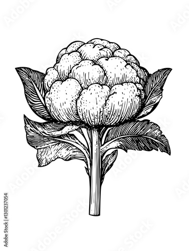 Engraved vector illustration of a cauliflower plant showcasing intricate details in design