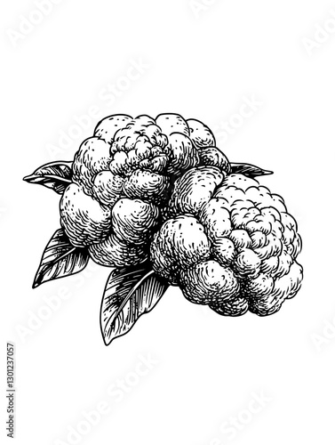 Vector engraved illustration of two cauliflower heads with leaves for product design