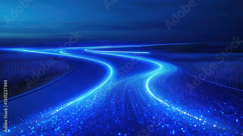 glowing blue road illuminated by neon lights stretches into distance, surrounded by serene landscape. vibrant colors create futuristic and captivating atmosphere