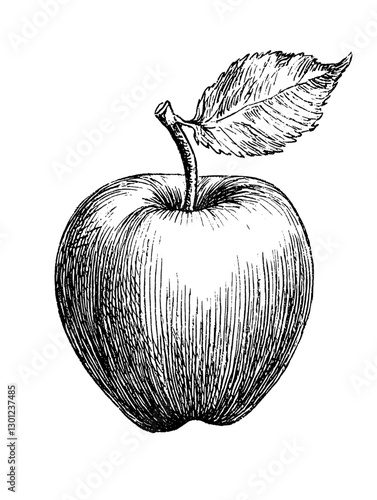 Detailed vector engraved illustration of a ripe apple with leaf for product design and artistic projects