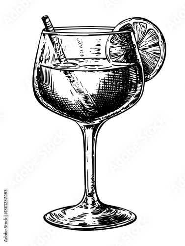 Vector engraved illustration of a cocktail glass with lemon and straw suitable for product design