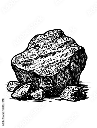 Vector engraved illustration of a large rock with smaller stones on a flat surface for product design purposes