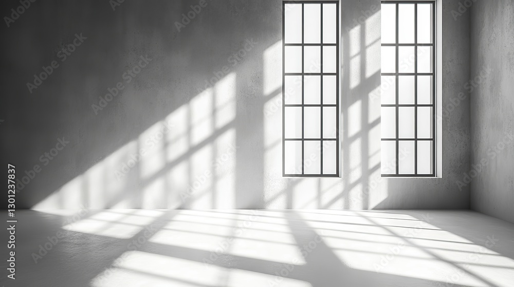 Obraz premium Abstract minimal empty black and white 3D room. Modern studio showcase with copy space, natural window shadows, and dappled light overlay effect.