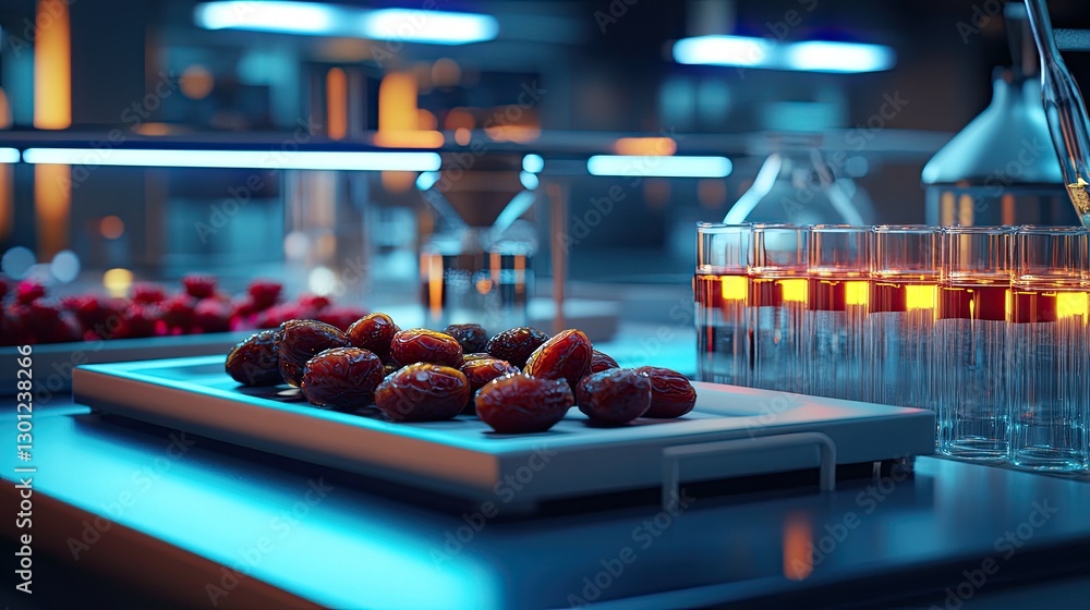 A culinary science lab with dates used as the central ingredient in a futuristic molecular gastronomy experiment highlighted by vivid lighting.