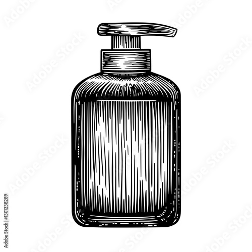 Engraved vector illustration of a vintage-style pump bottle for product design purposes